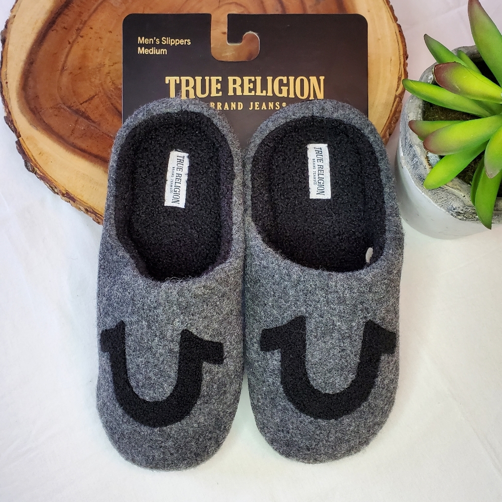 True Religion Mens Polar Performance Gray & Black Slip-on Soft Slippers